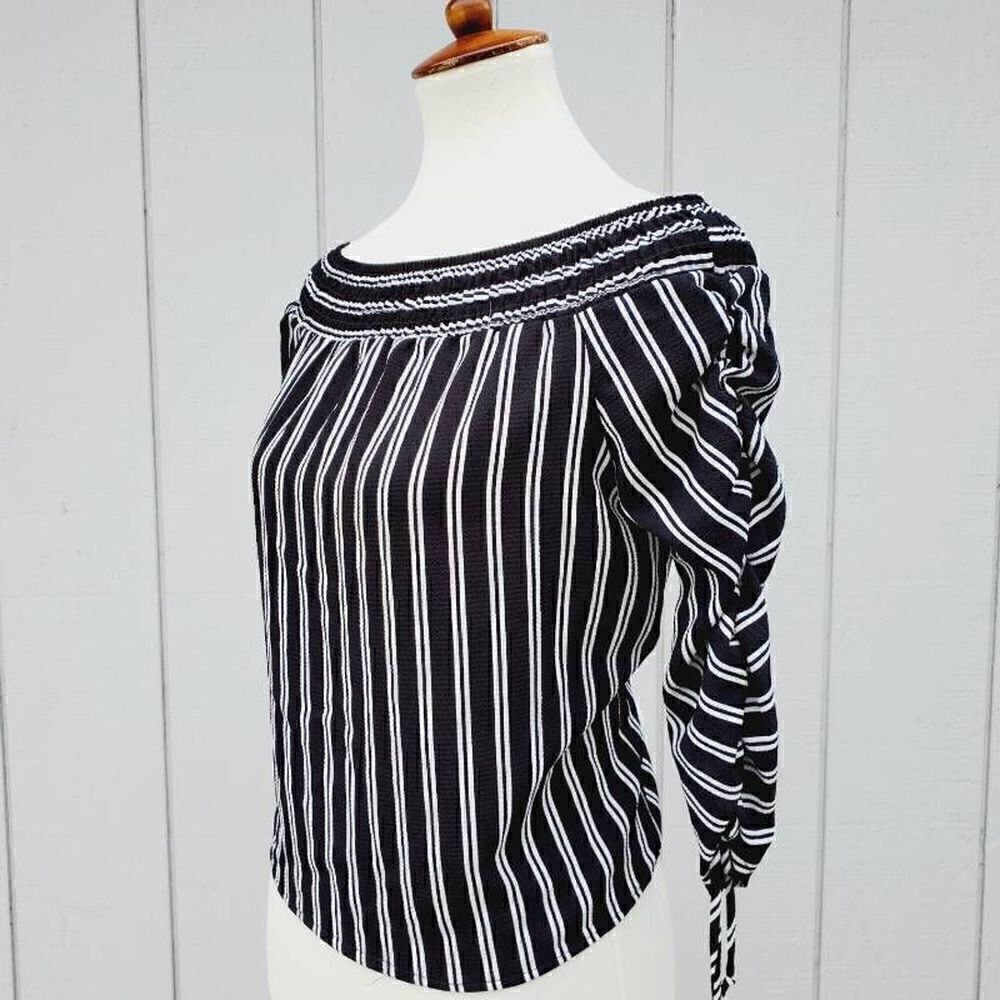 Polly & Esther Womens Blouse Black Striped 3/4 Sleeve Off Shoulder Ruched S New